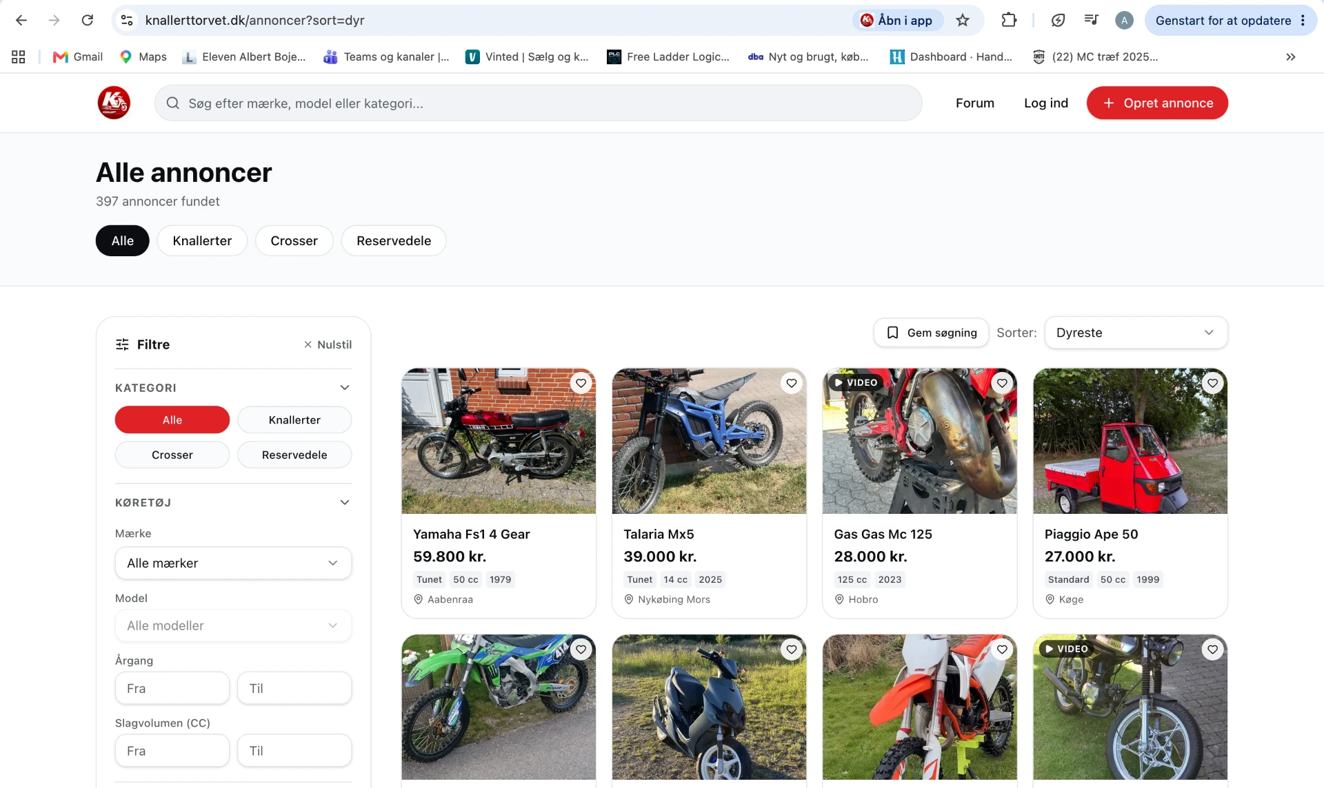 Oversigt over annoncer med filtre på KnallertTorvet.dk
